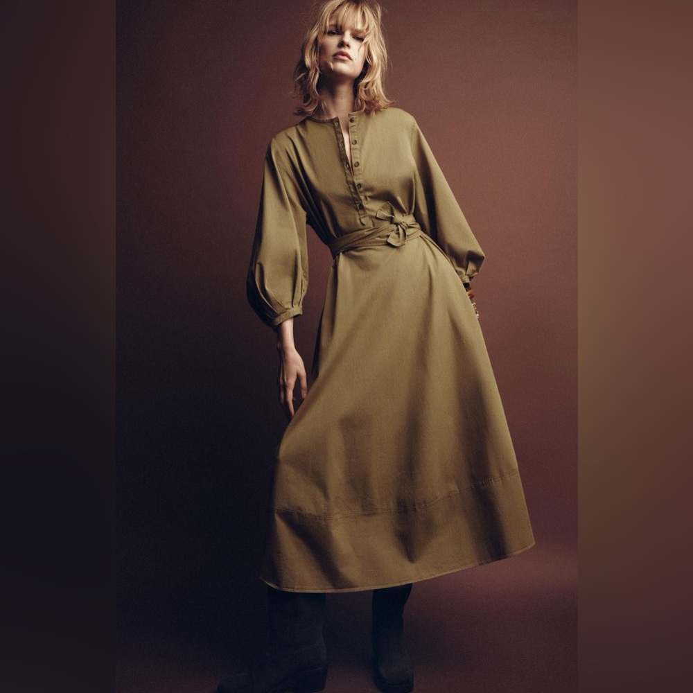 ZARA Belted shirt dress w Balloon Sleeves. Khaki. ZW Collection  NWT